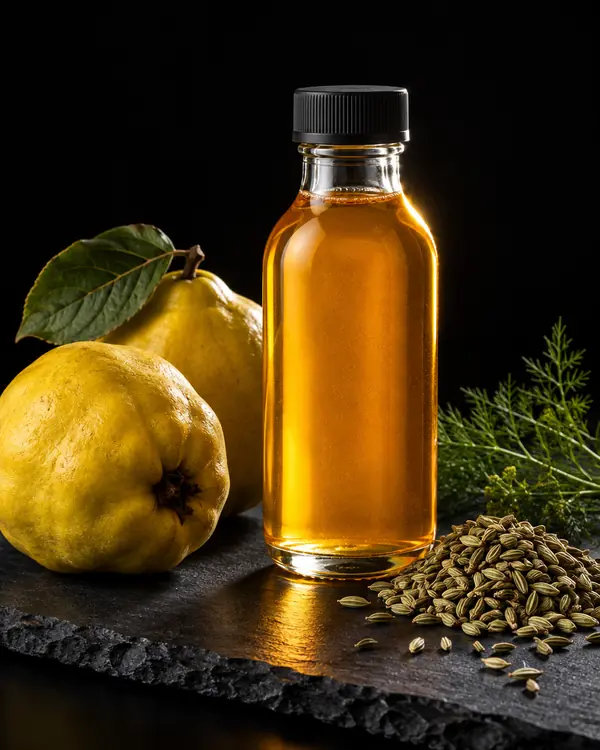 Syrup-Flasche Quitte & Fenchelsamen mit Zutaten
