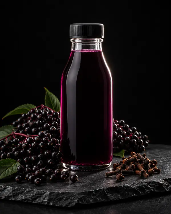 Syrup-Flasche Holunderbeere & Nelke mit Zutaten