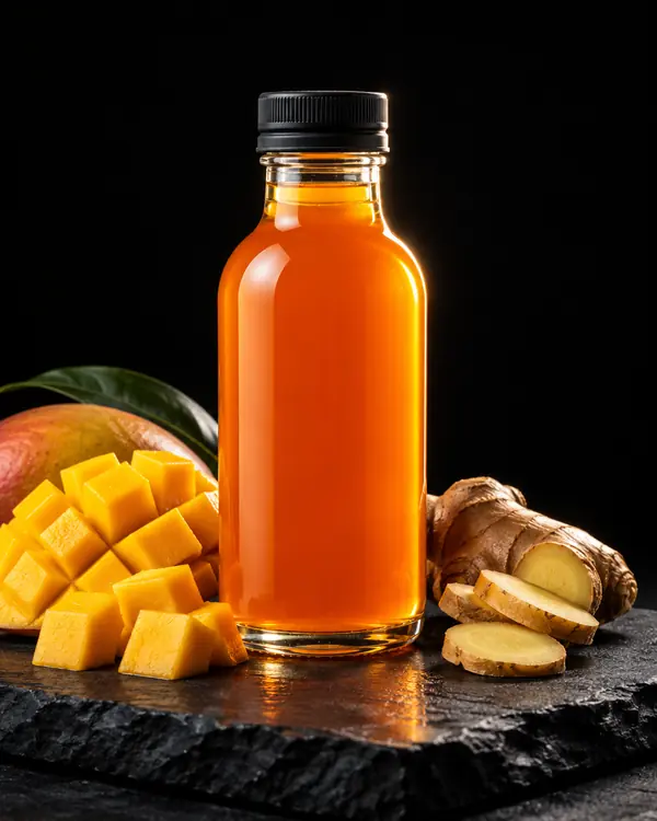 Syrup-Flasche Mango & Ingwer mit Zutaten