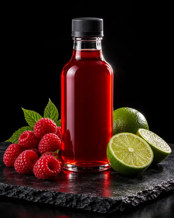 Syrup-Flasche Himbeere & Limette mit Zutaten