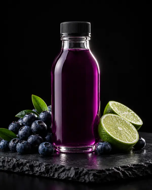 Syrup-Flasche Heidelbeere & Limette mit Zutaten